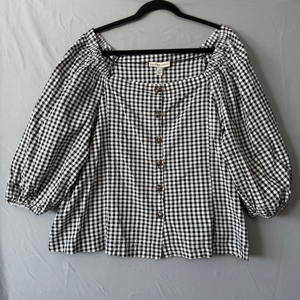 Alexander Jordan Womens Gingham Peasant Puff Sleeve Button Top 1X Cotton Square